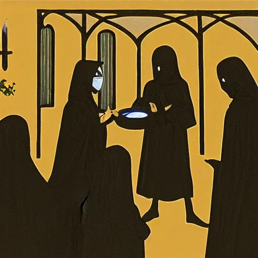 Prompt: cultists in black robes surround a stove, realistic, gothic, black masks