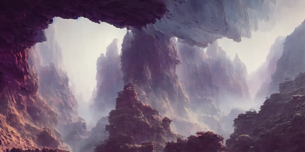Image similar to fantasy painting of a cloudy canyon, intricate abstract. delicate artwork. by tooth wu, wlop, beeple, dan mumford. octane render, trending on artstation, greg rutkowski very coherent symmetrical artwork. cinematic, hyper realism, high detail, octane render, 8 k, depth of field, bokeh. chrome accents.
