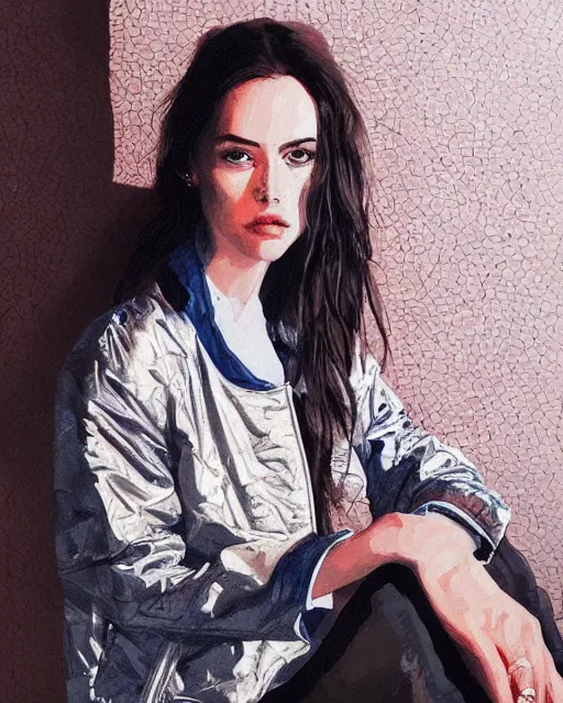 Image similar to a ultradetailed beautiful panting of a stylish woman sitting on the floor in a tiled room, she is wearing an oversized jacket, night time, highly detailed face, oil painting, by conrad roset