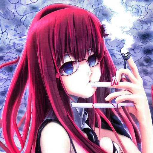 Prompt: red-eyed beautiful shoggoth anime girl smoking a cigarette deviantart by amano yoshitaka hyperreality hd detailed