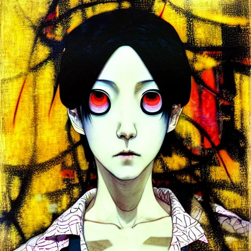 Image similar to yoshitaka amano blurred and dreamy realistic three quarter angle horror portrait of a sinister young woman with short hair and yellow eyes wearing office suit with tie, junji ito abstract patterns in the background, satoshi kon anime, noisy film grain effect, highly detailed, renaissance oil painting, weird portrait angle, blurred lost edges