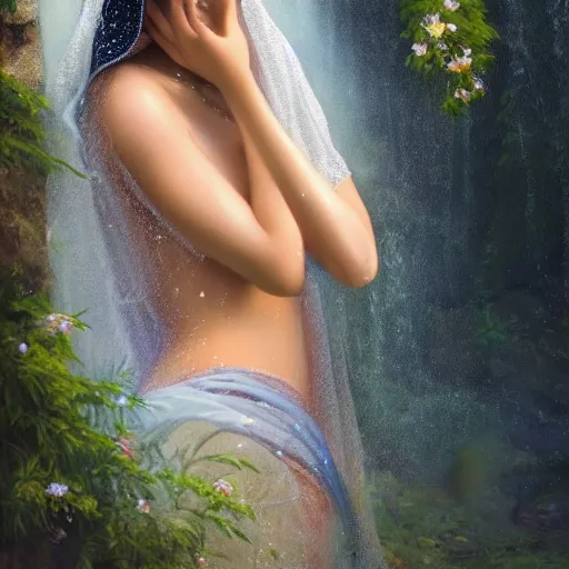 Prompt: beautiful Arab woman, white transparent veil black hair, bathing in a waterfall, ethereal, emotive, fine art, water mist, mystical, Romanticism, natural light, cinematic lighting, ultra detailed, highly detailed, sharp focus, golden background with flowers, golden jewellery with blue sapphires, photographic, art by artgerm and greg rutkowski and zdislav beksinski