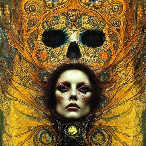 Image similar to Memento Mori by Karol Bak, Jean Deville, Gustav Klimt, and Vincent Van Gogh, beautiful visionary mystical portrait, calavera, otherworldly, fractal structures, ornate gilded medieval icon, third eye, spirals, beautiful botanical calavera