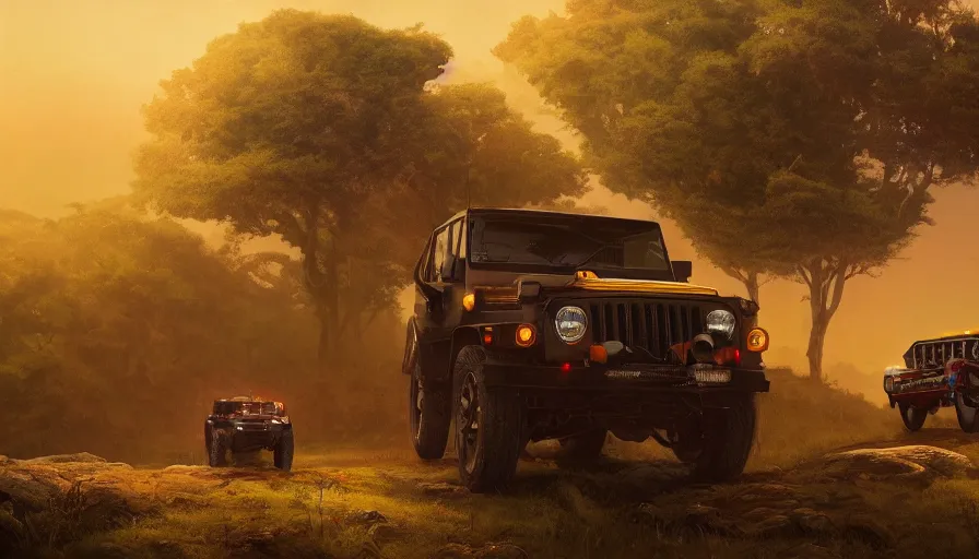 Image similar to Mahindra thar, tribe members watching nearby, an epic fantasy, dramatic lighting, cinematic, establishing shot, extremely high detail, photorealistic, cinematic lighting, artstation, by simon stalenhag, horizon forbidden west