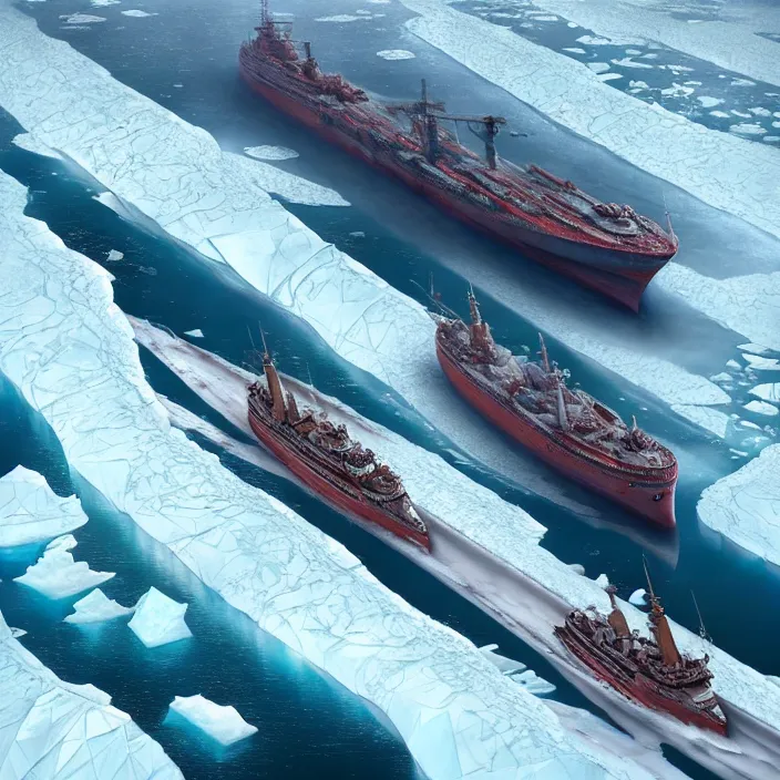 Prompt: one enormous gigantic steel shipshaped fortress sailing across an icy frozen ocean. masterpiece, cinematic, hyperdetailed, photorealistic, hyperrealism, octane render, depth of field, bokeh, architecture, aerial view, art by tom bagshaw, geof darrow, james gurney, filip hodas