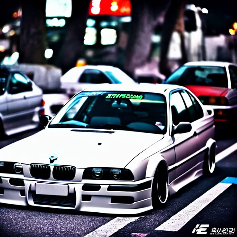 Image similar to close-up-photo BMW E36 turbo illegal meet, work-wheels, Shibuya shibuya shibuya, roadside, cinematic color, photorealistic, high detailed deep dish wheels, highly detailed, custom headlights, neon underlighting