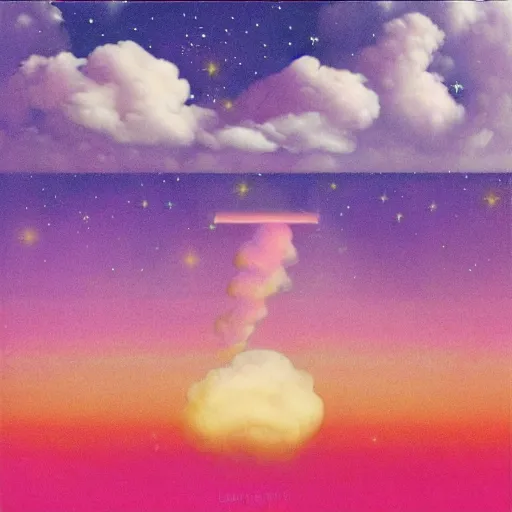 Image similar to 8 0 s new age album cover depicting a fluffy pink cloud in the shape of waluigi, very peaceful mood