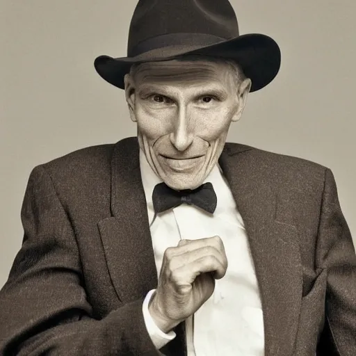 Image similar to A photograph portrait of old Jerma985 in his eighties who looks like Jerma985 wearing a suit with and fedora in the 1990s, taken in the early 1990s, grainy, taken on a 1990s Camera, realistic, hyperrealistic, very realistic, highly detailed, very detailed, extremely detailed, detailed, digital art, trending on artstation, detailed face