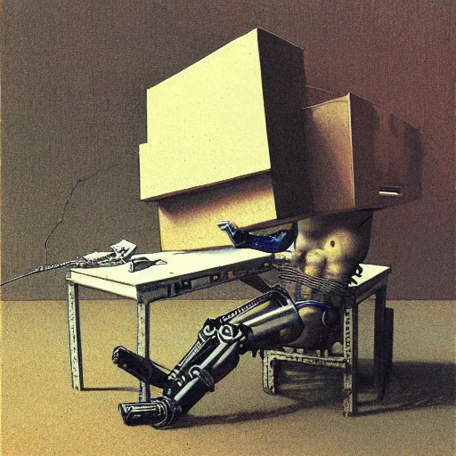 Image similar to A cyborg holding a cardboard box full of desk items at a desk by Beksinski