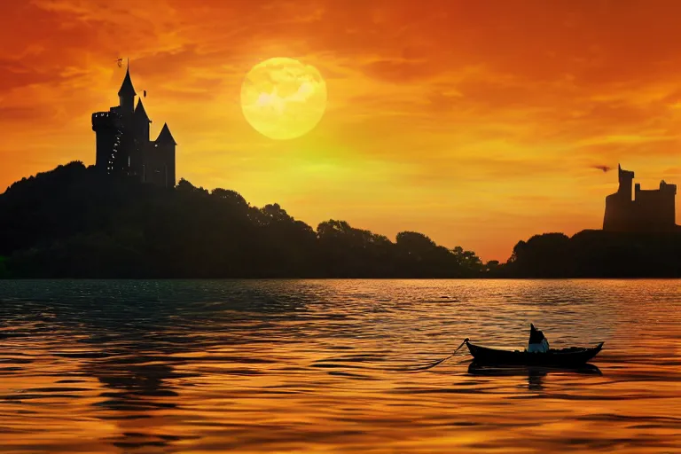 Image similar to a shiba inu sailing in a boat in the sea alone, with a castle in the background, sunset, epic, dramatic, realistic, 4k