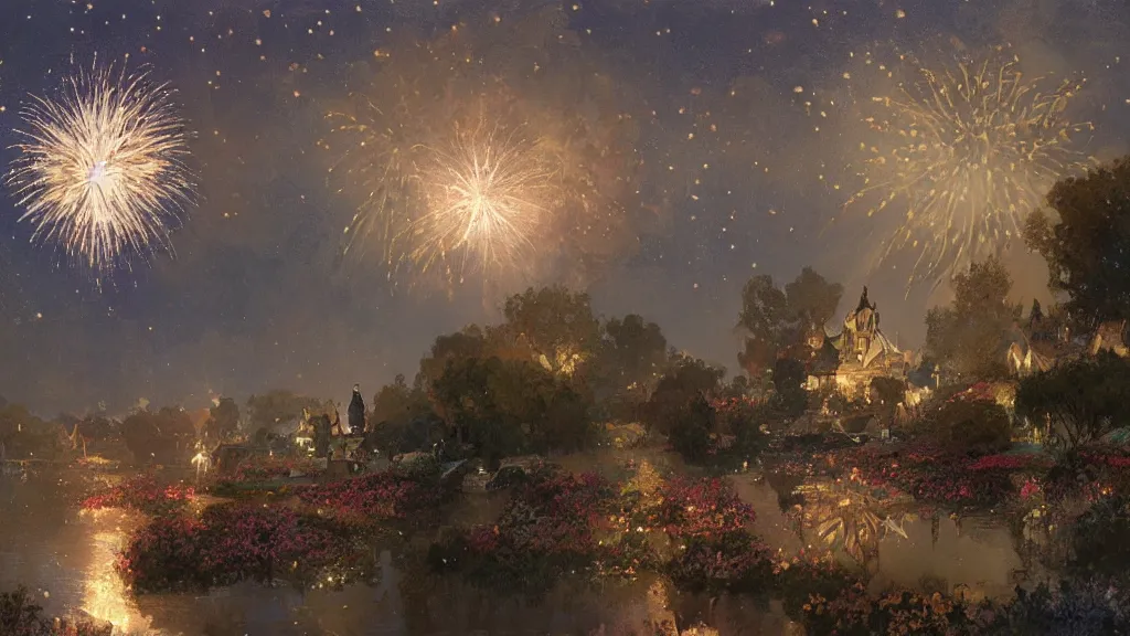 Image similar to a beautiful painting of the shire during a fireworks festival, at night with a sky full of stars and fireworks, intricate, elegant, highly detailed, digital painting, artstation, concept art, by krenz cushart and artem demura and alphonse mucha