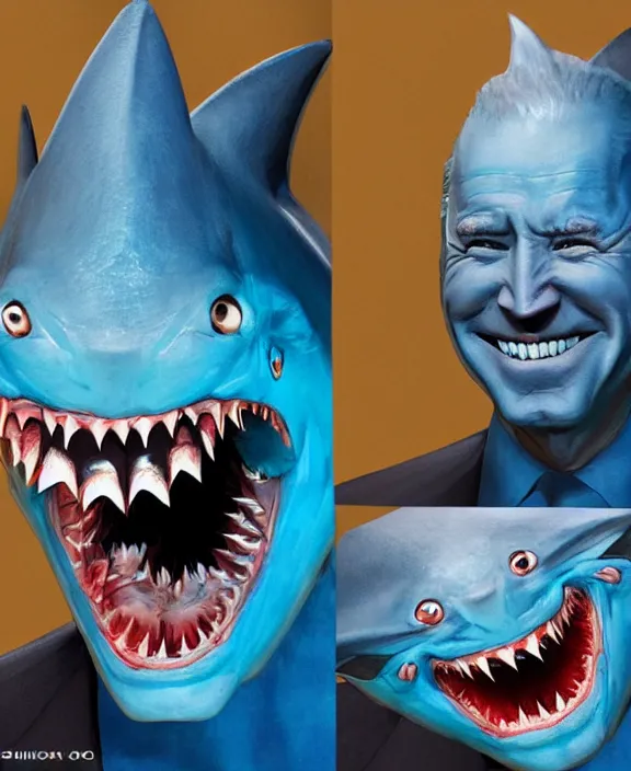 Image similar to joe biden nightmare fuel, shark man, shark costume, shark fin, sharp teeth, big smile, blue skin, ( ( claymation ) ), iridescent accents, by simon stalenberg by and artgerm