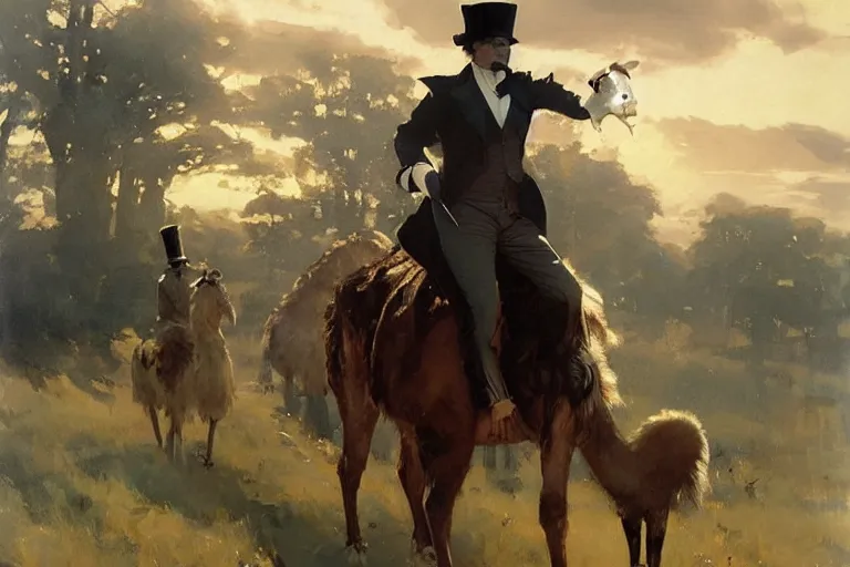 Image similar to portrait of a respectable dignified royal business elite politician wearing a top hat and coat tails riding on an emu, art by anders zorn, wonderful masterpiece by greg rutkowski, beautiful cinematic light, american romanticism by greg manchess, jessica rossier