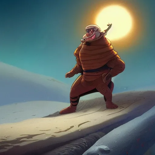 Prompt: peter griffin riding on the back of a worm from ( dune ), fantasy art, landscape art, in the style of greg rutkowski, illustration, epic