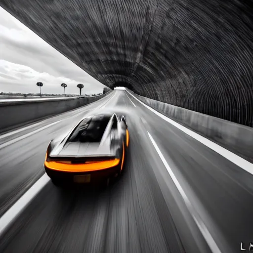 Prompt: a photo of an F22 flying towards the camera, speeding and exiting a tight well-lit highway tunnel, cinematic lighting, long shot angle, centered composition, 1/400 f5 ISO400 11mm lens, 4k