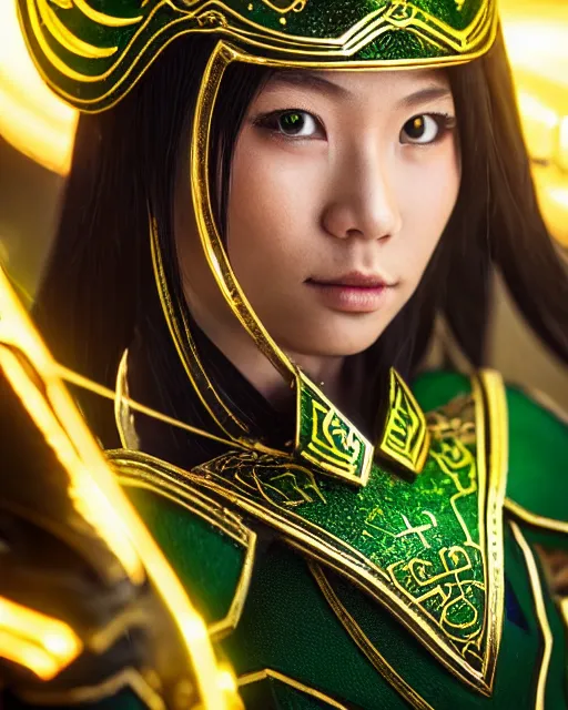 Prompt: a beautiful close up photo of a female Asian elf ranger with long hair and green eyes, no helmet, wearing green and gold futuristic mecha armor, with ornate rune carvings and glowing lining, very detailed, shot in canon 50mm f/1.2