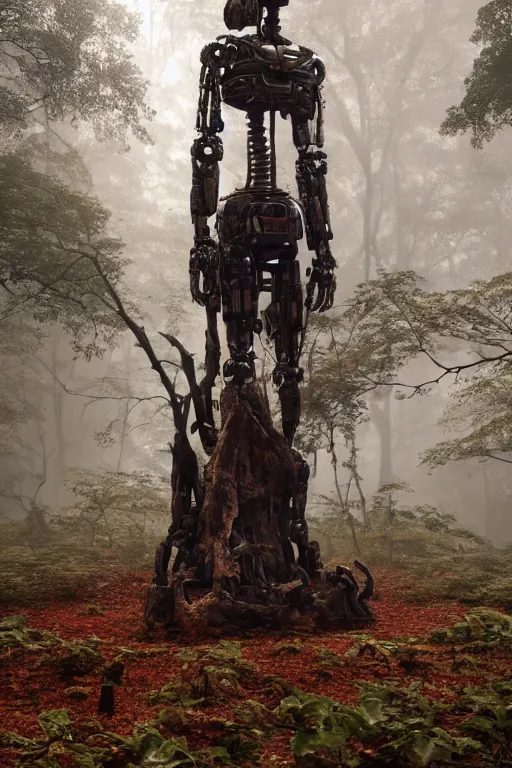 Prompt: A robot statue in the middle of a forest covered in veins and rust by Greg Rutkowski, Sung Choi, Mitchell Mohrhauser, Maciej Kuciara, Johnson Ting, Maxim Verehin, Peter Konig, final fantasy , 8k photorealistic, cinematic lighting, HD, high details, atmospheric,