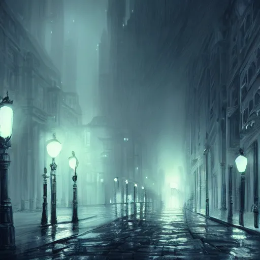 Prompt: victorian city, dark, misty, at night, 8 k, detailed, concept art, trending on artstation