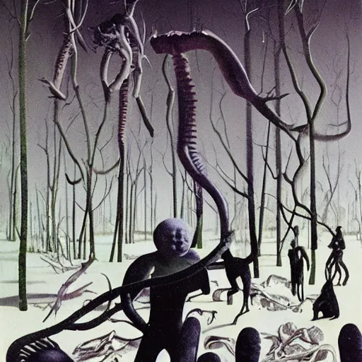 Image similar to sci - fi, hunters of monsters walking in a meat and bone forest, art by karel thole