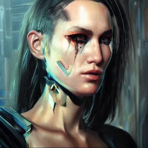 Image similar to cyberpunk cyborg fashion model portrait, hyperrealism oil painting, artstation