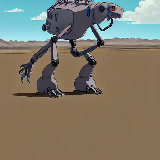 Image similar to a study of cell shaded cartoon of a grey robot iguana from howl's moving castle ( 2 0 0 4 ) on a desert road, full body, wide shot, very muted colors, post grunge, studio ghibli, laurie greasley, highly detailed, deviantart, art by artgem