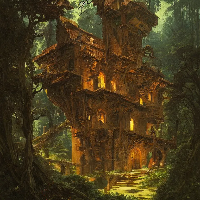 Image similar to a detailed painting inspired by moebius and beksinski of a medieval building with two floors in the forest. fantasy poster. cinematic fantasy scene. aurora lighting. fantasy. carl spitzweg. baroque elements. baroque element. intricate artwork by caravaggio. oil painting. award winning. dramatic. trending on artstation. 8 k