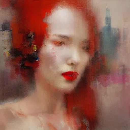 Image similar to the redhead vespa queen in hong kong, oil on canvas by ruan jia