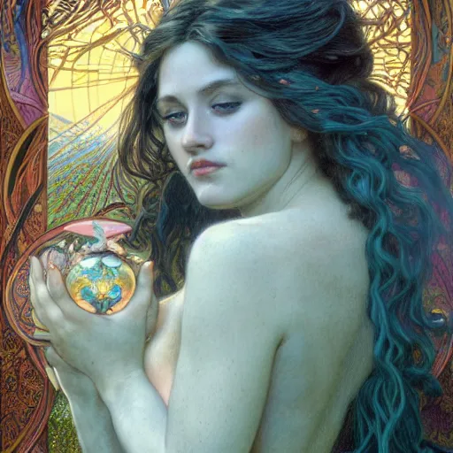 Image similar to portrait of a beautiful alluring female nature spirit goddess at sunset, detailed, centered, digital painting, artstation, concept art, donato giancola, Dante Gabriel Rossetti, alphonse mucha, Joseph Christian Leyendecker, WLOP, Boris Vallejo, Breathtaking, 8k resolution, extremely detailed, beautiful, establishing shot, artistic, hyperrealistic, beautiful face, octane render