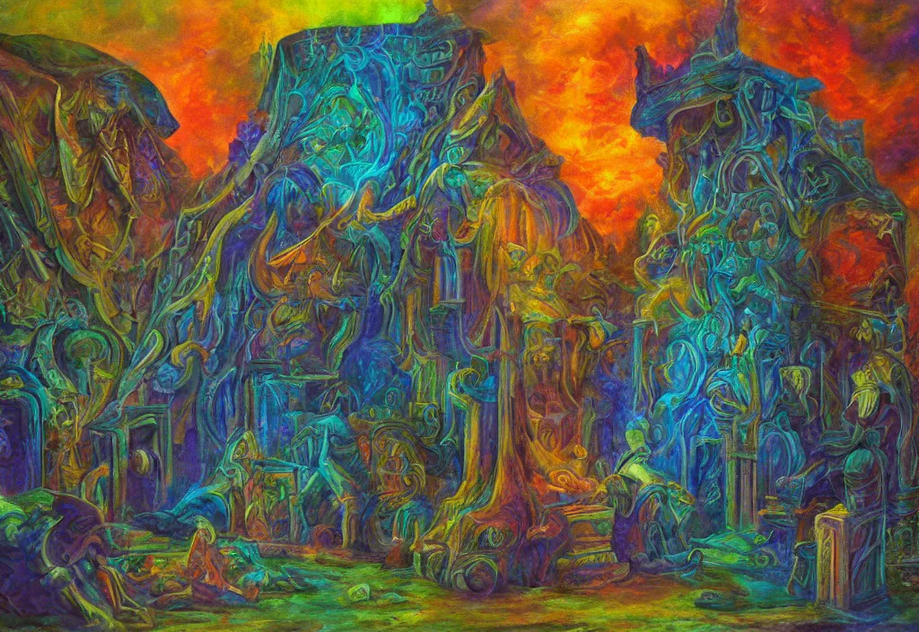 Prompt: iridescent temple of sleep advanced architecture dreamer mythos phantasms, award winning oil painting, polychromatic spectrum