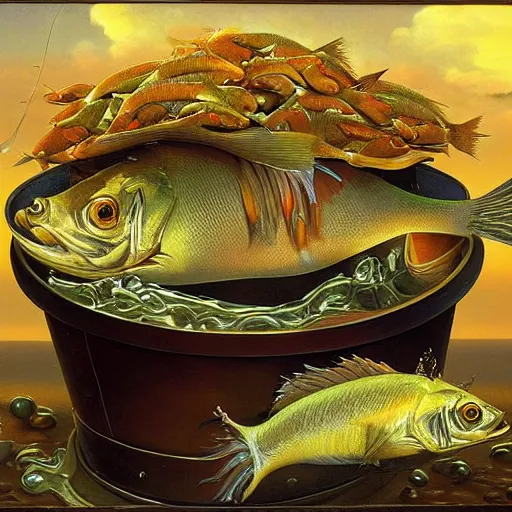 Image similar to a fish on the top of a pile of fish, inside a cooking pot, side view, by vladimir kush, dystopian aer, rococo