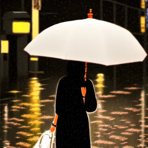 Prompt: a woman wearing a white dress walking on the wet street on a rainy night in kyoto by wes anderson and makoto shinkai. dramatic lighting. cel shading.