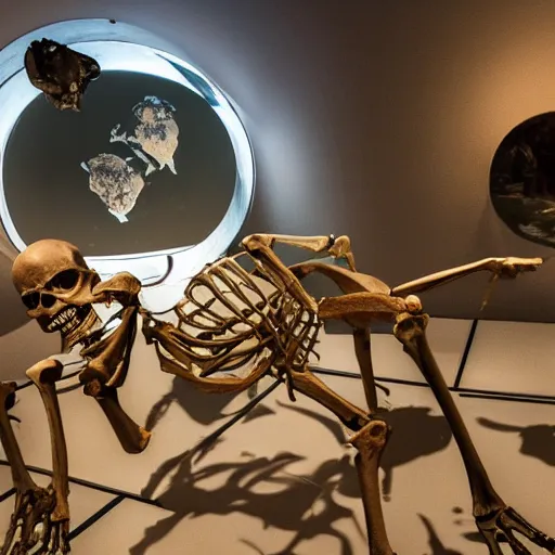 Image similar to a human skeleton museum exhibit in an alien spaceship with a window showing a dead planet Earth in the background