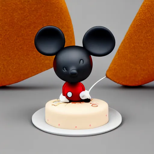 Image similar to close photograph of disney mouse cake toppers by kidrobot, octane render, hyper realistic, cute, kawaii, toys, plastic, vinyl, 8 k, white background,