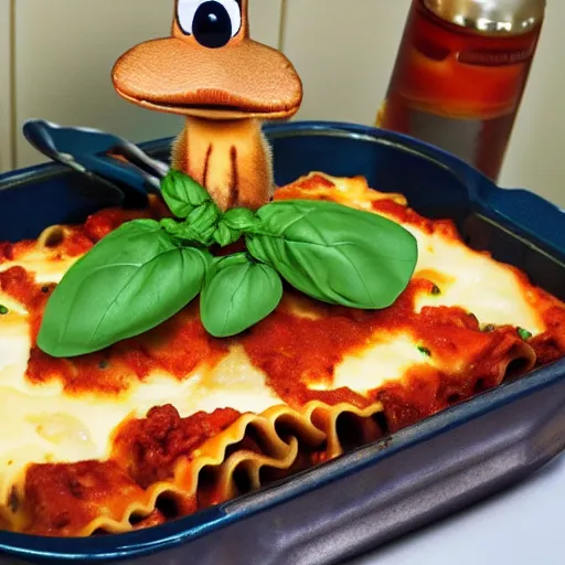 Image similar to cute platypus wearing a chef hat and holding a lasagna with three basil leaves over the lasagna, pixar style, ultradetailed