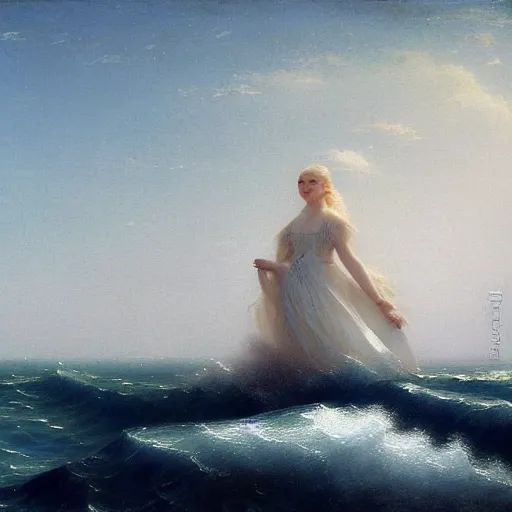 Prompt: Painting of Elle Fanning at sea, long blonde hair, delicate, pale milky white porcelain skin, by Ivan Aivazovsky. 8K. Extremely detailed.