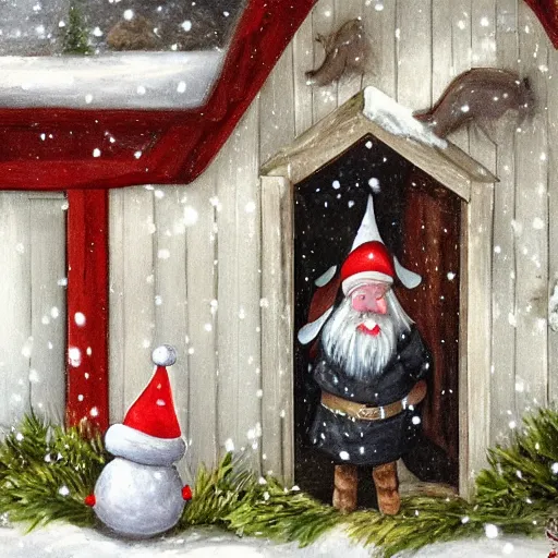 Prompt: painting of scandinavian gnome in barn with white goat, winter clothes, very very very very very beautiful christmas art, masterpiece by jenny nyström, realistic and detailed