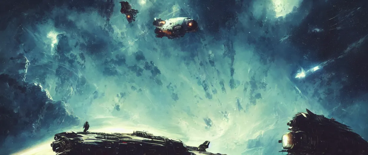 Prompt: concept art, exploration spaceship drifting in space, the expanse tv series, industrial design, titanfall 2 game, immensity, alone in a nebula, space debris, cinematic lighting, 4k, widescreen ratio, by sparth, beksinski