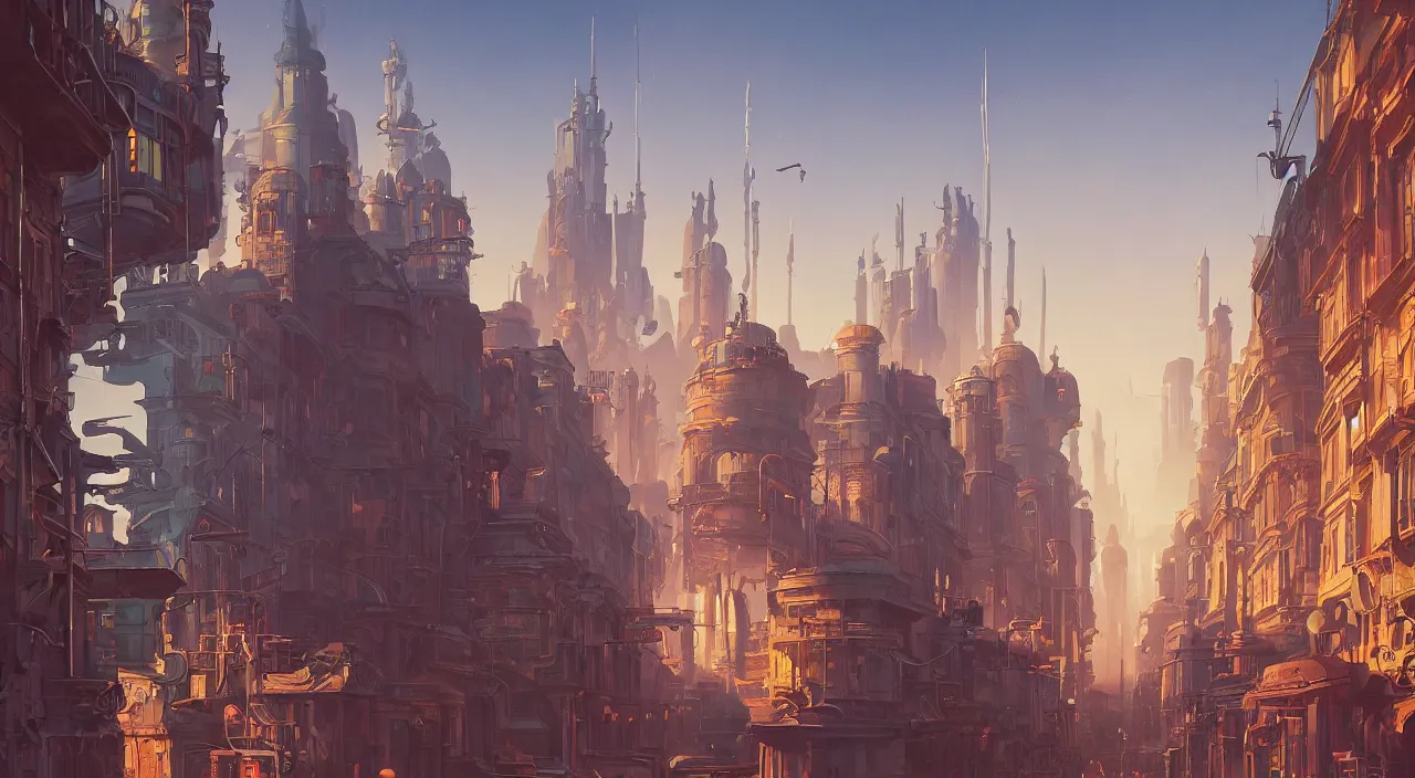 Image similar to a street level painting towards the horizon with high detail, sci - fi colorful victorian city with a victorian astronaut in the foreground at golden hour with sharp shadows by tyler edlin and sparth, wide angle lens, 4 k, vray, art nouveau influences. roger deakins, cinematic cinematography.