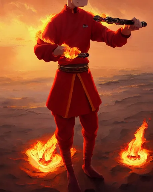 Image similar to [ [ squidward ] ] wearing fire nation clothing and practicing firebending outside at susnset, oil painting, highly [ detailed ], intricate, hd, sharp focus, photorealistic, by moebius and greg rutkowski, trending on artstation, trending on cgsociety, realistic shading and lighting