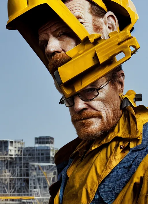 Prompt: closeup portrait of mecha bryan cranston with construction crane arms, yellow hardhat, natural light, bloom, detailed face, magazine, press, photo, steve mccurry, david lazar, canon, nikon, focus