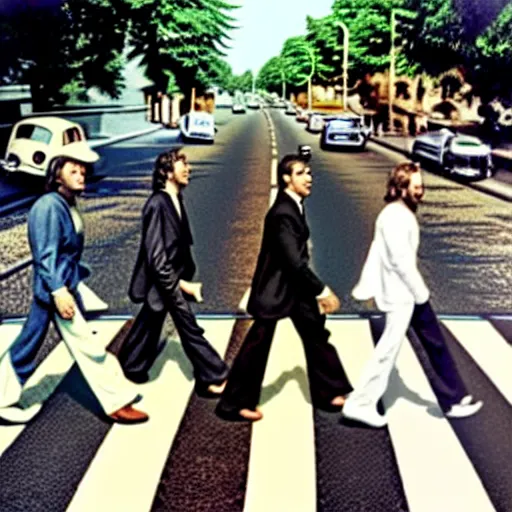 Image similar to abbey road with the three stooges instead of the beatles,