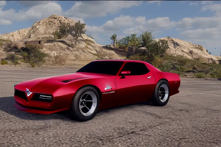 Image similar to updated sleek concept for a firebird trans am, cinematic, photoreal, by red dead redemption 2