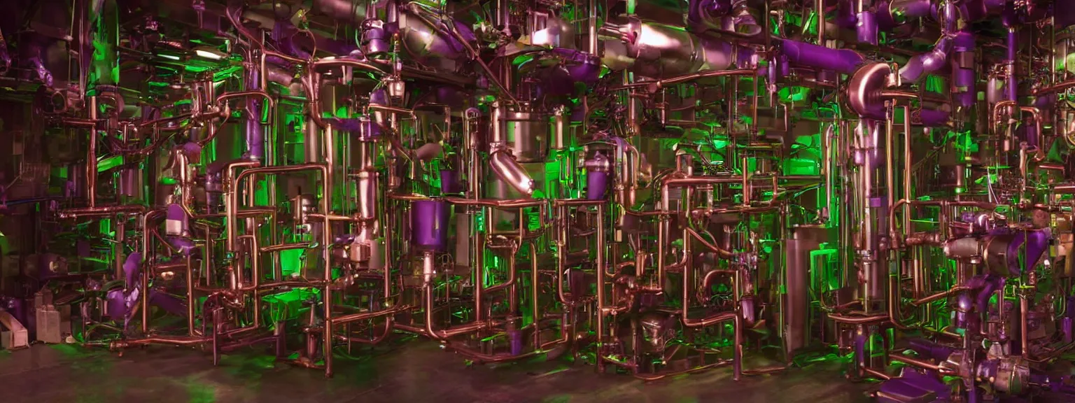 Image similar to a super high resolution film still of machine apparatus for making snake oil, huge copper machine fed by a hopper of snakes, purple and green pipework, directed by denis villeneuve, 8 k, snake machine, cinematic lighting