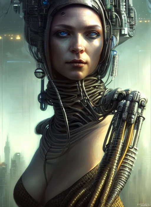 Image similar to closeup portrait shot of a cyberpunk female in a scenic dystopian environment, intricate, elegant, highly detailed, centered, digital painting, artstation, concept art, smooth, sharp focus, illustration, artgerm, tomasz alen kopera, peter mohrbacher, donato giancola, joseph christian leyendecker, wlop, boris vallejo