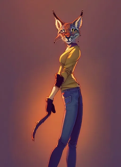 Image similar to wide angle beautiful full body portrait of a strong female anthropomorphic anthro lynx fursona from behind wearing jeans and no boots, paw pads instead of feet and arms, character design by alena aenami, disney, anime, manga, artgerm, furaffinity, detailed, soft lighting,