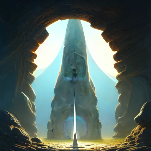 Prompt: a single carved ornate doorway to infinity found amongst the standing stones of a forgotten civilization, Concept art, by Noah Bradley and Peter Mohrbacher and Greg Rutkowski digital art, otherworldly, artstation, concept art, smooth, sharp focus, illustration, ultra wide lens, volumetric light