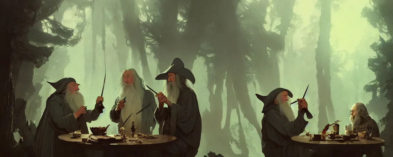 Prompt: duotone illustration 3 / 4 of 2 people : jrr tolkien and wizard gandalf in hobbit house smoking pipe rustical style. cinematic volumentric lighting. accidental renaissance. by sachin teng and sergey kolesov and ruan jia and heng z. graffiti art, scifi, fantasy, hyper detailed. octane render. concept art. trending on artstation
