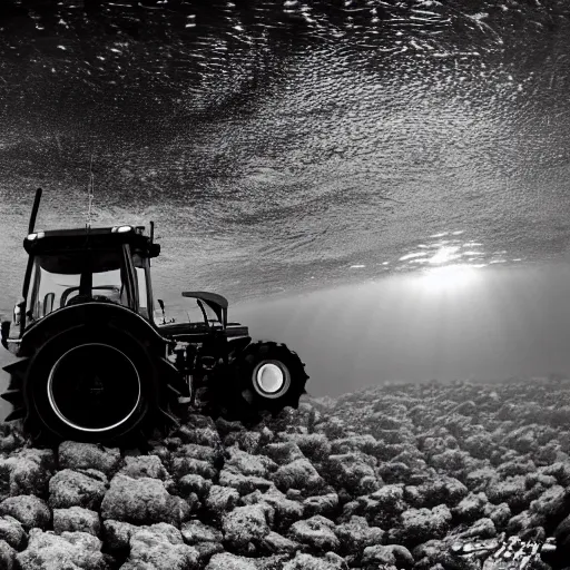 Image similar to wide angle ultrawide shot backlit tractor ploughing the seabed underwater photo on gopro, moody colours