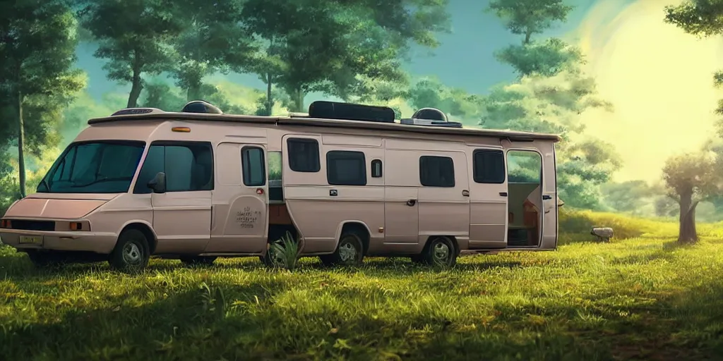 Image similar to a wholesome animation key shot of one!! focused!! 1 9 9 4 fiat hymer motorhome!! in the! romanian countryside!, medium shot, studio ghibli, ( pixar ) and disney animation, sharp, very detailed, high resolution, rendered in unreal engine 5, anime key art by greg rutkowski, bloom, dramatic lighting