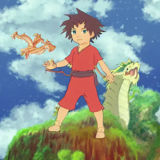 Image similar to boy in the floating island with flyling dragons around in ghibli artstyle, high detal, smooth, 8k, anime style